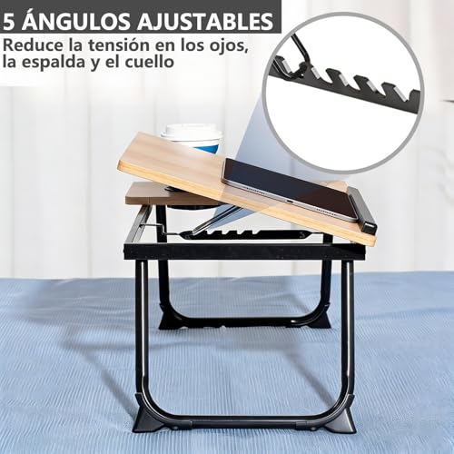 Mesa para Cama y Sofá: Plegable Bandeja para Cama con Tapa Ajustable y Portavasos, Mesa Cama Ordenador en Tablero MDF y Metal, 56x32x25 cm (Nuez Ligera) - imagen 5