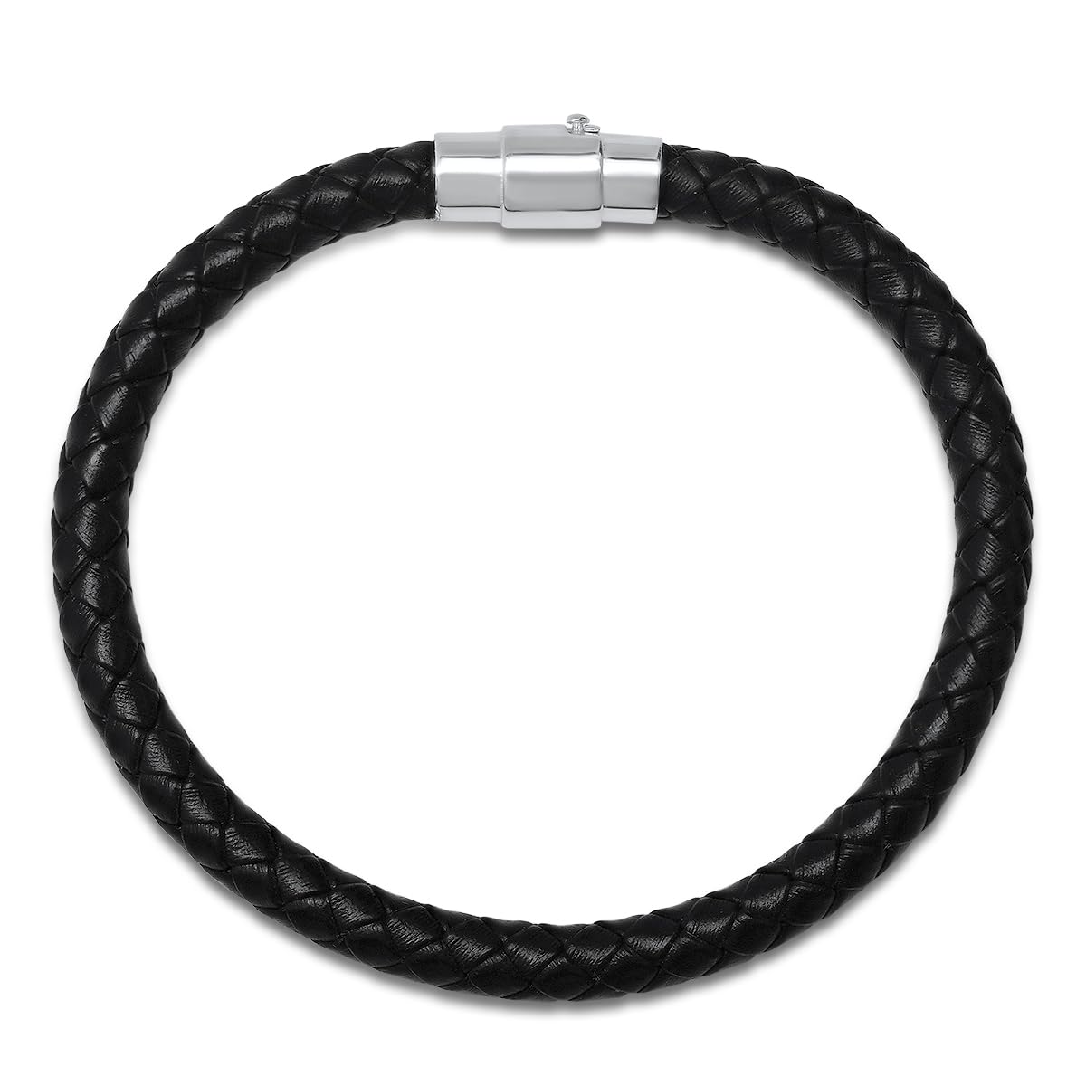 Amazon Essentials Men's Black Genuine Leather Sterling Silver Bracelet