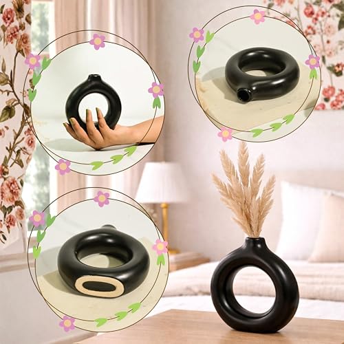 Image of Modern Matte Black Ceramic Donut Vase - Minimalist Hollow Round Flower Vase for Home Decor, Living Room, Bedroom & Office Accent, 5x5.1 Inch