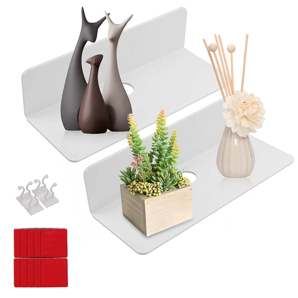 YeenGreen Floating Wall Shelves, 2 Pcs White Floating Wall Shelves Set, Easily Expand Wall Space, Acrylic Small Display Shelves Adhesive Shelf, Acrylic Small Shelf for Bedroom, Bathroom, Kitchen