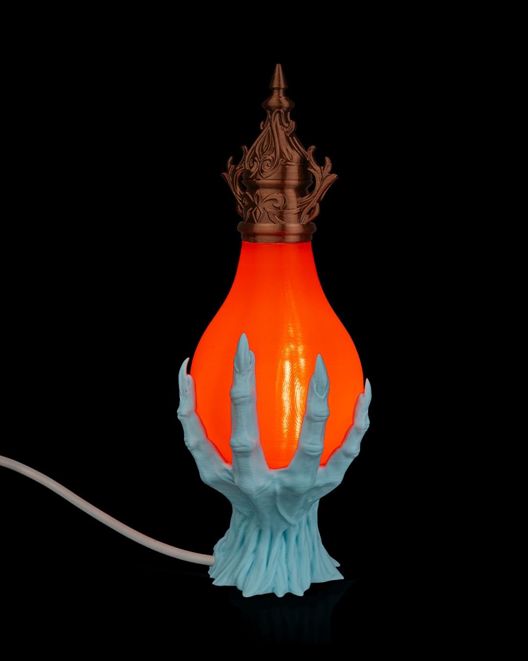 Halloween Skeleton Hand Table Lamp, LED Light, Gothic Decorative Orange Potion Bottle with Bronze Crown