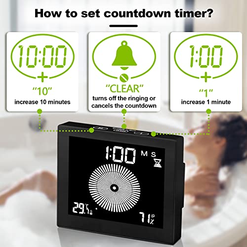 Digital Shower Clock With Timer, Spardar Bathroom Clock With Large Led Screen, 2 Alarms, Visual Dynamic Countdown Timer, Water Resistant，Temperature And Humidity Display #TOP3