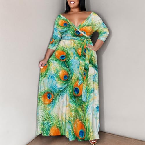 Image of SUZONANA Plus Size Maxi Dresses for Curcy Women Casual Loose 3 /4 Sleeve Long Dress with Belt