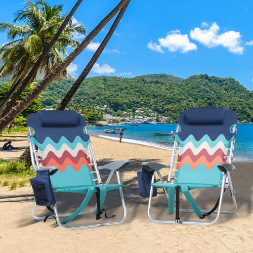 Green Party 2 Pack Lightweight Aluminum Folding Reclining Beach Chairs with Cooler Bag and Armrest, Support 250lbs