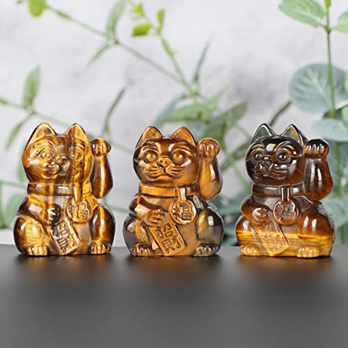 Smq Tiger Eye Crystal Lucky Cat Statue Figurine Maneki Neko,Hand Carved Gemstone Feng Shui Fortune Money Cat Animal Carvings For Greater Fame And Successful Career #TOP5