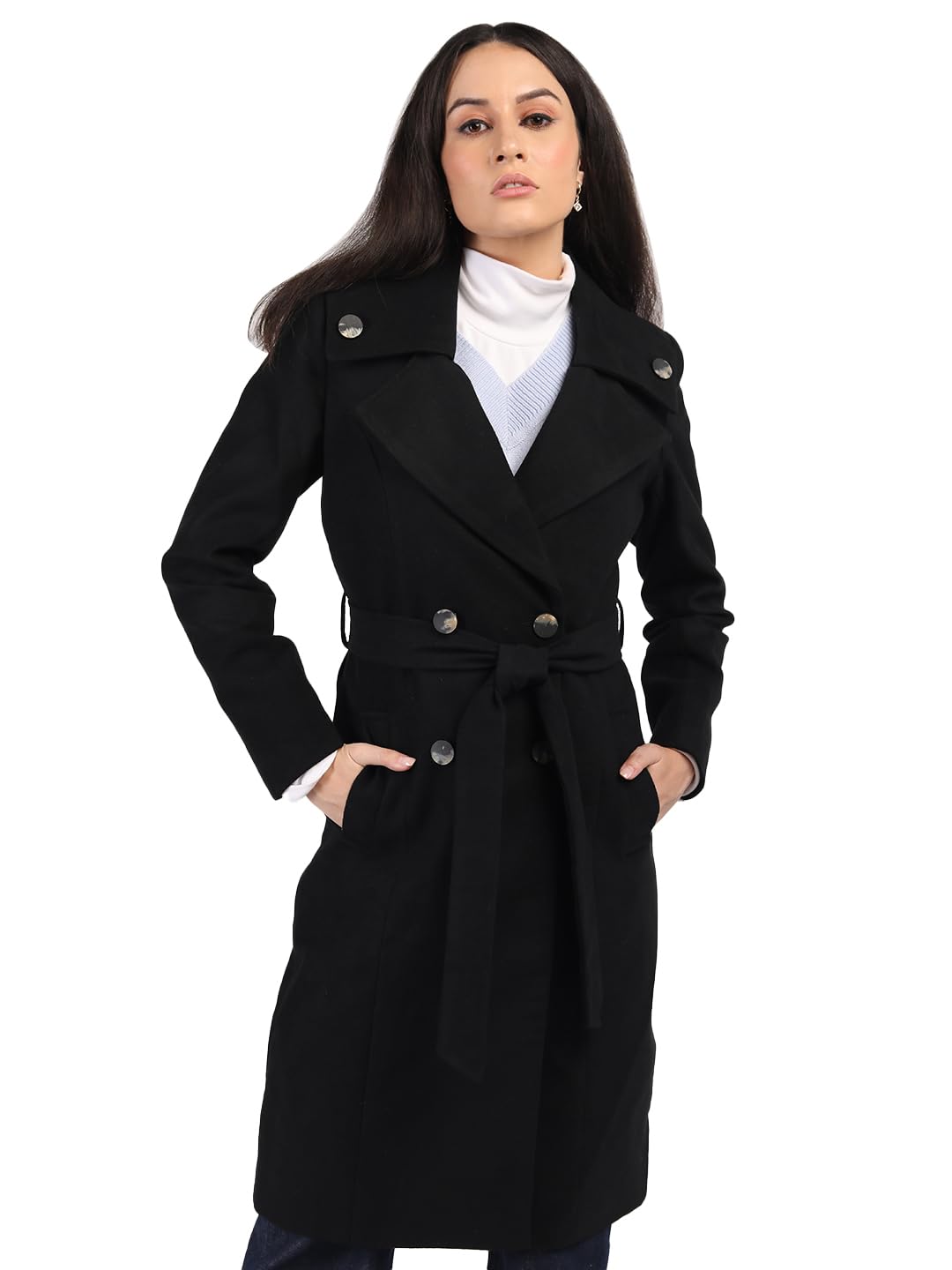 HONNETE Casual Single Breasted Solid Regular Fit Trench Coat For Women With Closure Type of Button HONNETE Casual Single Breasted Solid Regular Fit Trench Coat For Women With Closure Type of Button