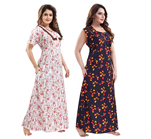 Image of YKI Women's /Girls Cotton Fabric Beautiful Print Nighty /Nightgown /Nightwear /Nightdress with Pocket (Pack of 2)