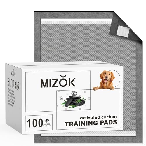 Image of MIZOK Pee Pads for Dogs Charcoal Disposable No Leak Large 28x34in 100Ct | Heavy Duty Carbon Layers, Powerful Odor Eliminator, Extra Thick Dog Pads, Protects Floors from Daily Messes