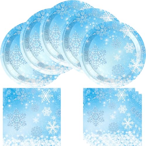 Winter Snowflake Birthday Party Supplies include 20 Plates and 20 Napkins for Birthday Christmas Winter Wonderland Party Decorations