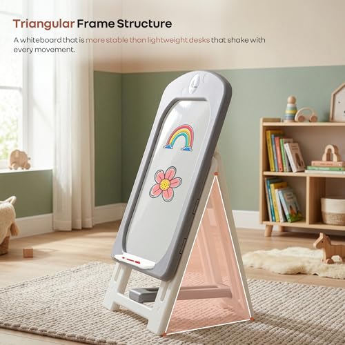 Image of R for Rabbit Little Genius Doodle Whiteboard for Kids Drawing Activity Board Rounded Corner Design Foldable 7-Level Adjustable Height & Handy Storage Tray for 3-7 Years Kids (Grey White)