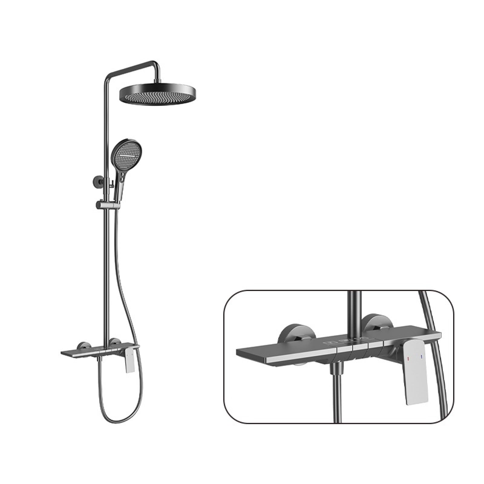 Fanjubei Three-Function Gunpowder Ash All-Copper Piano Button Hot And Cold Water Booster Shower Set, Three-Function Gunshine Gray