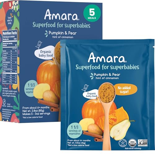 Image of Amara Organic Baby Food - Stage 2 - Pumpkin Pear - Baby Cereal to Mix With Breastmilk, Water or Baby Formula - Shelf Stable Baby Food Made from Organic Fruit and Veggies - 5 Pouches, 3oz Per Serving