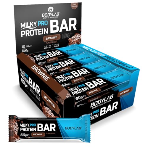Bodylab24 Milky Pro Protein Bar Brownie 12 x 60g, leckerer Protein-Riegel mit Schokoladenüberzug, mit bis zu 17g Eiweiß je 60g Riegel