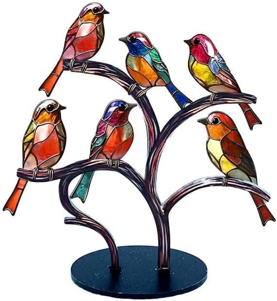 X spring Stained Glass Birds Ornament, 6 PCS Colorful Acrylic Bird Decorations, Elegant Home Decor for Living Room, Bedroom and Office Desktop Display
