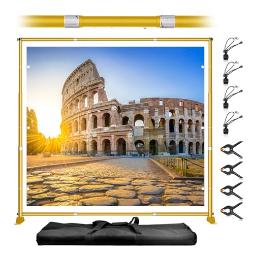 Qoolfoto 10 x 10FT Backdrop Banner Stand, Heavy Duty Adjustable Photo Background Support Frame Kit, Step and Repeat Stand for Photo Booth, Parties, Exhibition, Trade Show, Wedding - Gold