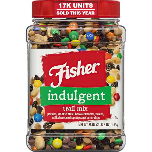 Fisher Snack Indulgent Bulk Trail Mix, 38 oz (Pack of 1), Peanuts, Milk Chocolate Candies, Raisins, Milk Chocolate and Peanut Butter Chips, Snacks for Adults and Kids, Trail Mix Snacks