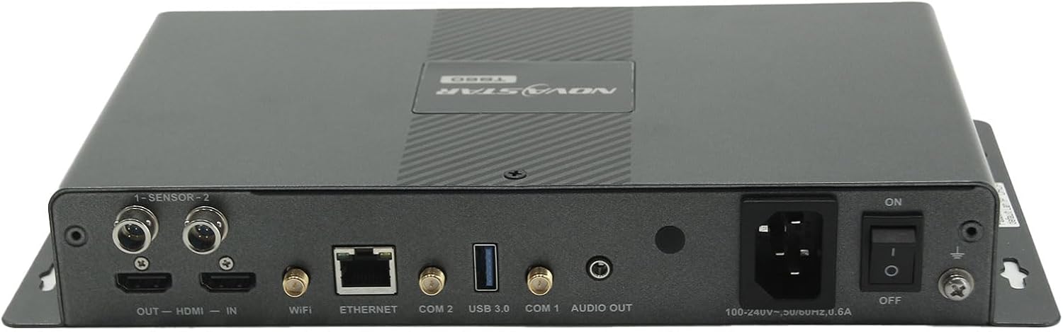 Rear view of the Novastar TB60 LED Display Controller showing sensor, HDMI, WiFi, Ethernet, USB 3.0, audio, and power connections.