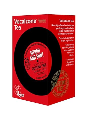 Vocalzone Tea for throat & voice care - Myrrh & Mint. Caffeine free herbal tea. 25 tea bags. Contains Liquorice, Slippery Elm. Used in traditional remedies