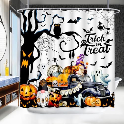 Halloween Shower Curtain with Hooks - Cute Ghost Design for Halloween Bathroom Decor, 72 X 72 Inch