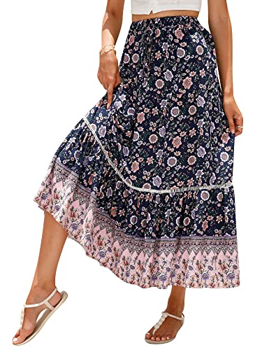 Ezcosplay Women Long Skirts Boho Floral Elastic High Waist Flowy Beach A Line Maxi Skirt