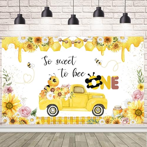 AIBIIN So Sweet to Bee One Backdrop Bee First Birthday Backdrop Bumblebee Honey Bee Sunflower First Birthday Party Photo Backdrops Happy First Bee-Day Photography Background 5.9x3.6ft