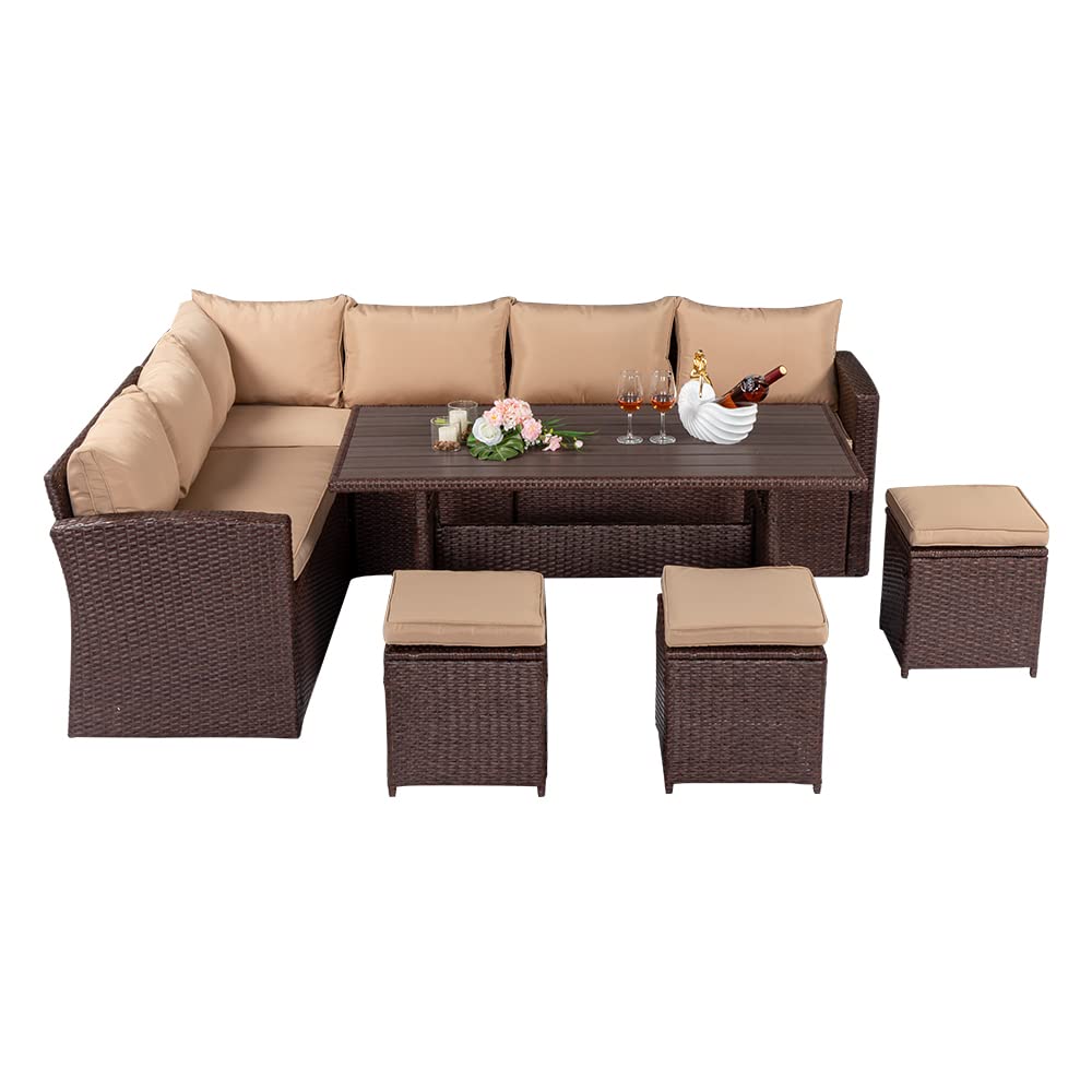 Eight-Piece Set Outdoor Rattan Dining Table And Chair Brown Wood Grain Rattan Khaki Cushion Plastic Wood Surface (4 Boxes In Total)