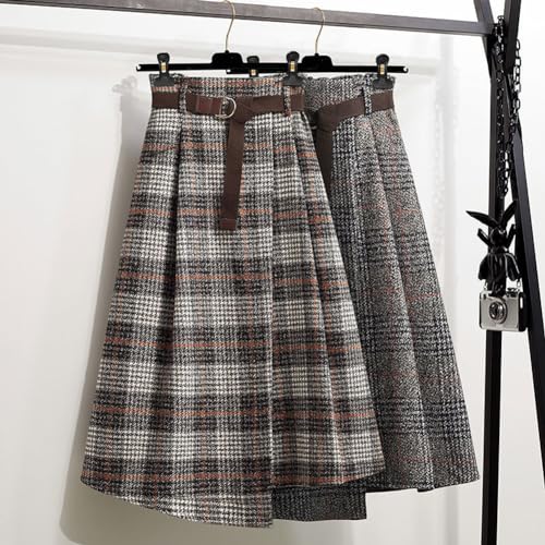 Chouyatou Women'S Vintage Plaid Wool Blend Midi Skirt Houndstooth A Line Wool Long Skirt With Belt thumb #4