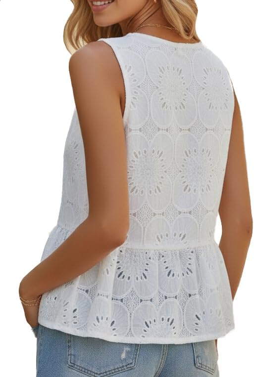 Remidoo Womens Tie Front Peplum Tank Top Eyelet Embroidered Boho Sleeveless Blouse - Image 2