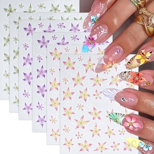 6 Pcs Flower Nail Art Stickers Decals 5D Lily Flower Embossed Nail Decals Purple Green Lily Hibiscus Tropical Floral Summer Flowers Nail Design Pegatinas para Uñas Floral Nail Supplies for Women