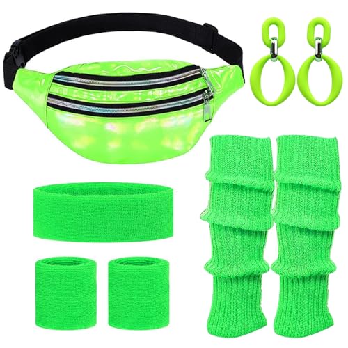 NebulaGlam 80er Jahre Damen Set mit Bauchtasche, Neon 90er Outfit, Stirnband, Beinwärmer, Ohrringe, Handschuhe für Kostüm Party Fasching Karneval