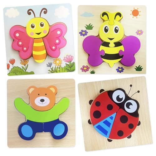 MeoZynxadril 4 Piezas Puzzle Madera, Puzzle Madera Niños, Rompecabezas Animales, Puzzles Madera de Animales, Montessori Juguete Puzzle, Aprendizaje Juguetes para Niños Niñas Preescolar