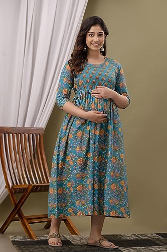 Image of Maternity Feeding Kurti for Women | Cotton Blend Anarkali Dress with Nursing Zip for Pre & Post Pregnancy