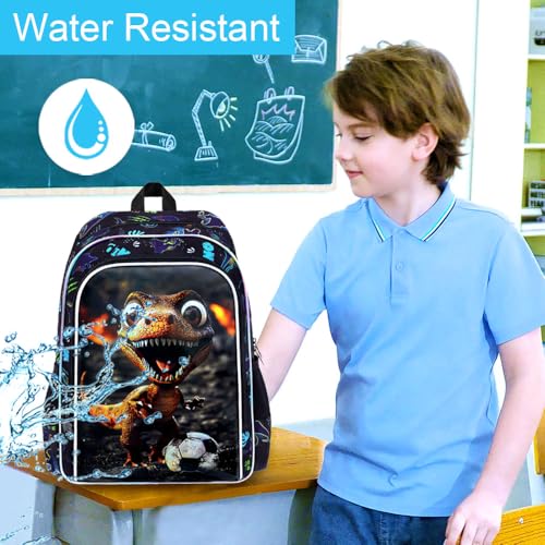 Image of 16 inch Dinosaur Backpack, Boys Kids Bookbag with Lunch Box, 3Pcs Dino Soccer School Backpacks for Elementary Preschool Kindergarten (Black)