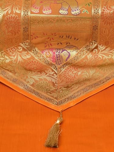 Image of Banarasi Brocade Zari Silk Table Runner Dinning & Centre Table Runner 177 By 30 CM (Mustard Yellow, Elephant)