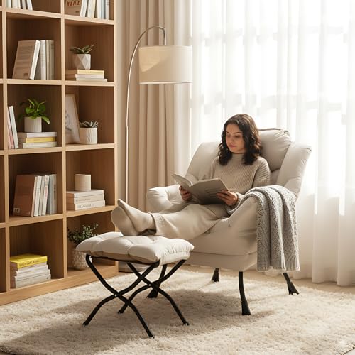 Image of LITA Lazy Chair with Ottoman, Modern Accent Leisure Upholstered Sofa, Contemporary Lounge Reading Chair with Armrests and a Side Pocket for Living Room, Bedroom & Small Space, Beige