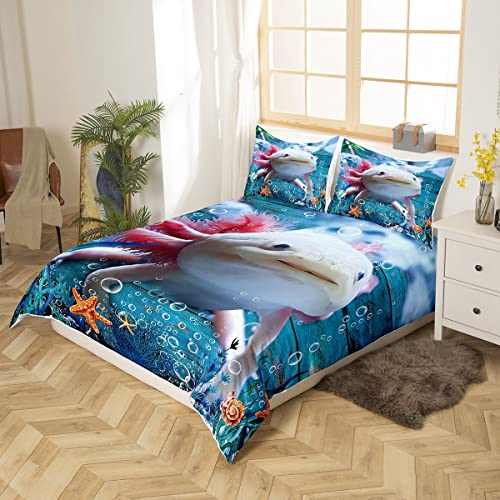 feelingyou Cute Axolotl Bedding Set Single Size,Seaweed Coral Conch Duvet Cover for Kids Boys Bed Comforter Set,Sea Creatures Theme Quilt Decorative 2 Pieces - Image 3