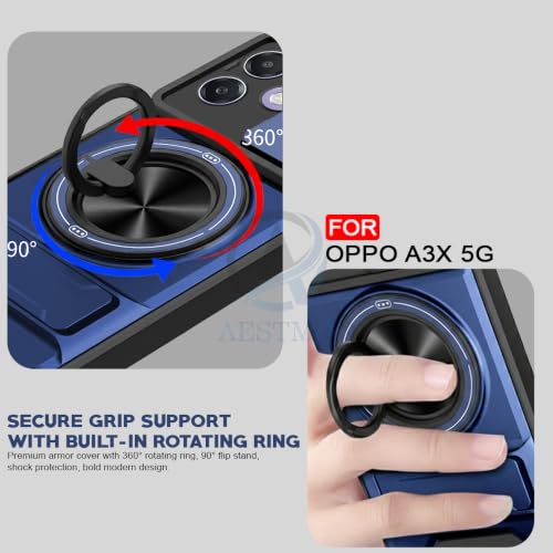 Image of AESTMO Oppo A3X 5G Back Cover | Armor Camera Slider 360 Degree Rotating Finger Ring Holder Case with Bracket Stand Back Case Cover (Compatible with MagSafe Accessories) (Blue)