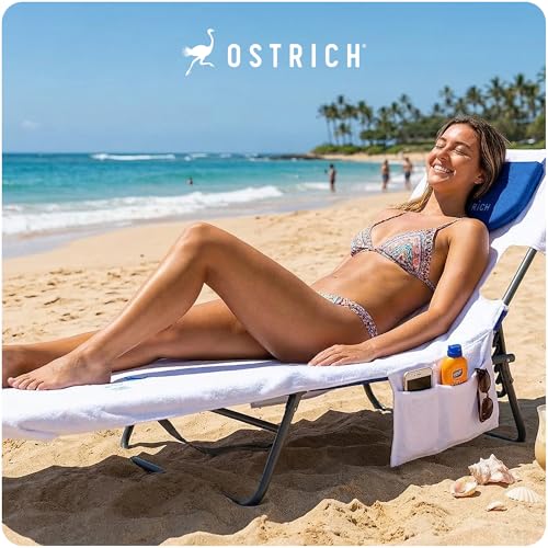 Image of Ostrich Custom Fitted Towel for Chaise Lounge, Outdoor Beach Chair Cover with Storage Pockets, White - Towel Only - Chair Not Included