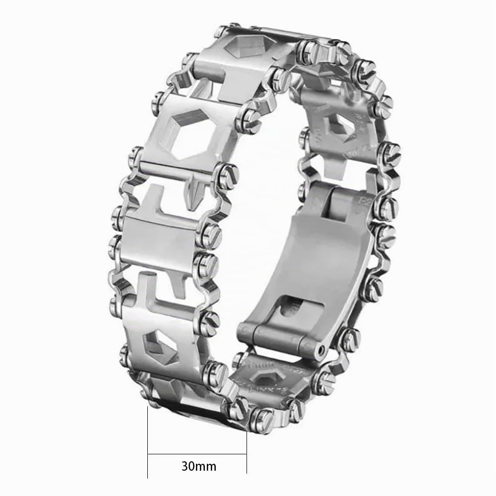 Bracelet multifonction pour Homme – Bracelet multifonction 29 en 1 en Acier inoxydable, adapté aux Voyages, adapté pour la Voile, le Camping, la randonnée – Argent, 21 cm