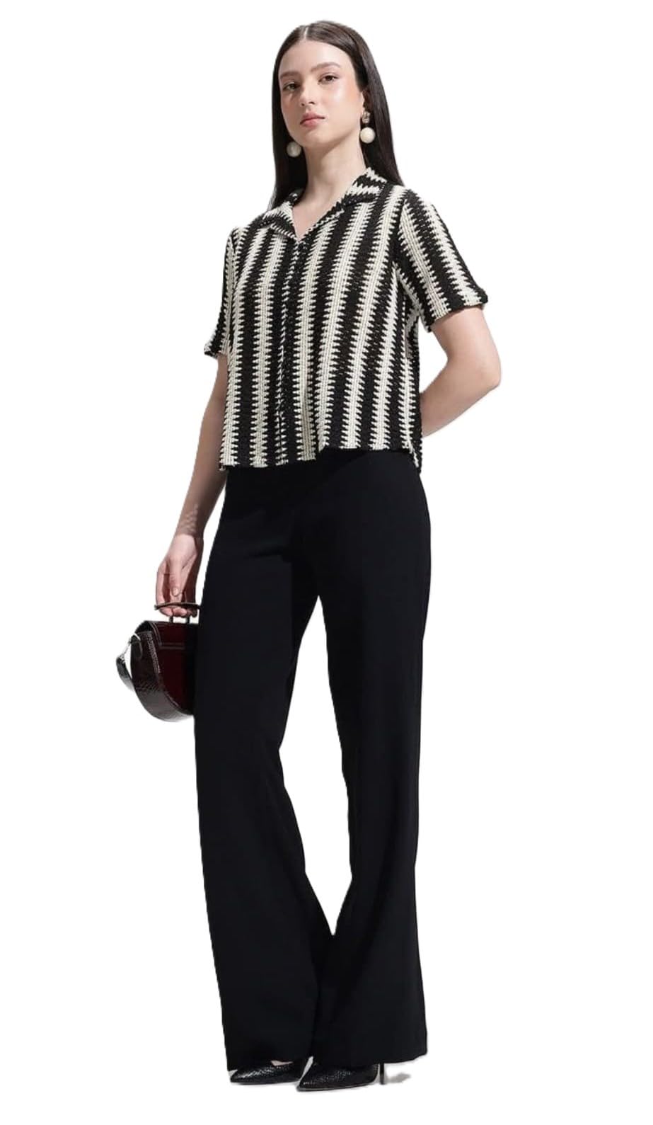 Women's Striped Short Sleeve Top, Black and Beige, Relaxed Fit Crochet Shirt-picture-10