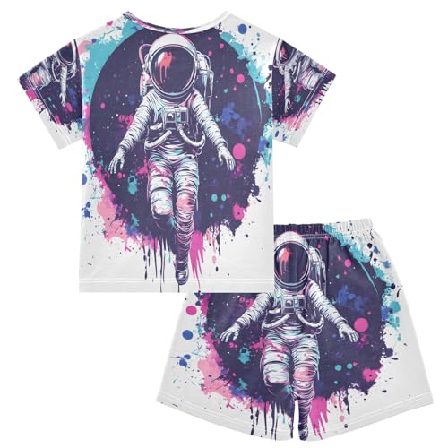 ALAZA Astronaut Space Watercolor Pajamas Set Short Sleeve Cotton Sleepwear Summer Pjs 2 Piece 5-14Y2