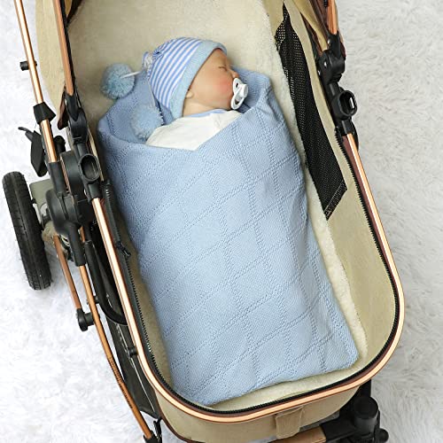 Hadetoto Baby Blanket Soft 100% Cotton Knitted Baby Cellular Blanket for Newborn Boy Girls - Blue, Crib - Image 2