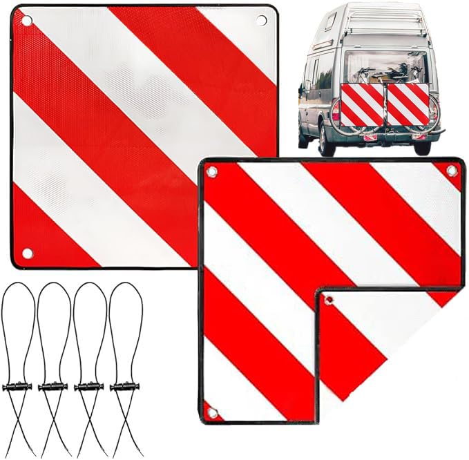 2in1 Warntafel Italien und Spanien Fahrradträger,PVC 50x50cm Mit 4 Spannseile Roten Weißen Streifen Reflektierende Warnschild,Klappbar Warntafeln,für Wohnmobil Fahrradträger Wohnwagen Heckträger