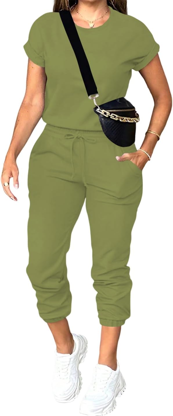 PINSV Women's 2 Piece Outfits Tracksuit Sets Short Sleeve Tops Jogger Pants with Pockets