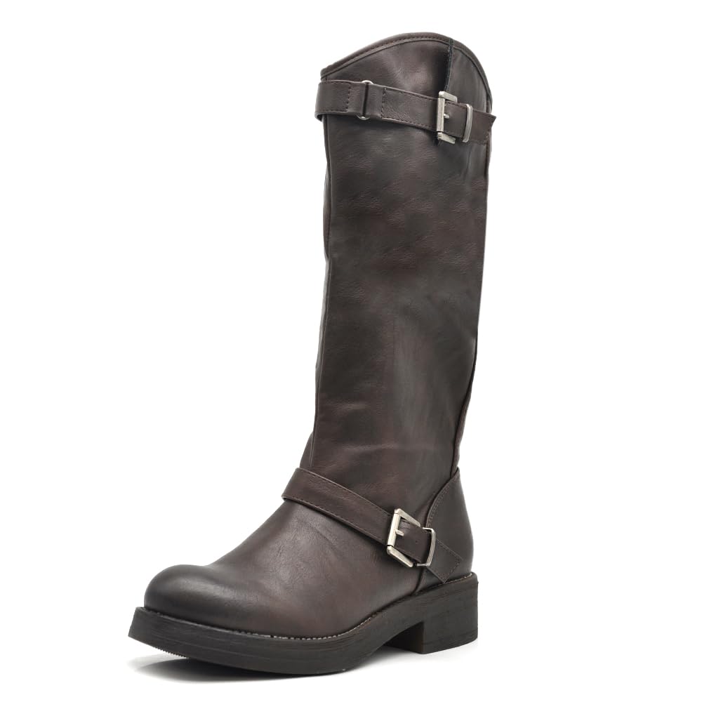 IF Fashion Scarpe Stivali da Donna Al Polpaccio Biker Motociclista Con Fibbie Anfibi