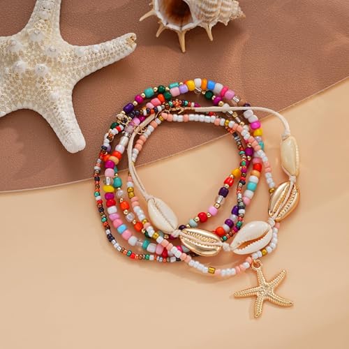 Image of Boho Shell Ankle Bracelet Set for Women, 5 Pairs 14K Boho Bead Handmade Adjustable Anklet, Hawaiian Beach Seashell Starfish Foot Jewelry Gifts