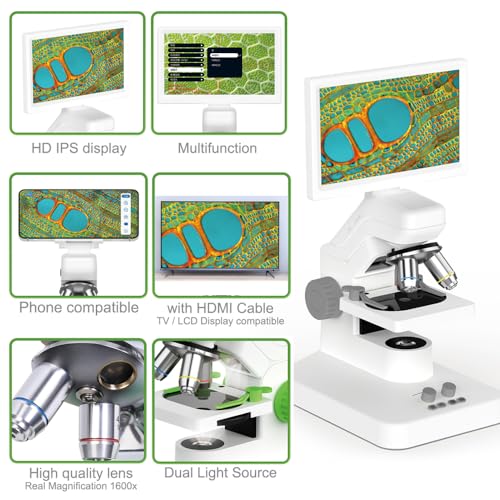 Image of WiFi Biological Digital Microscope with 7 inch inch Screen, 1600X Optical Objective Lenses, STEM Microscope Kit, with Dark Field vision, white, GF300C
