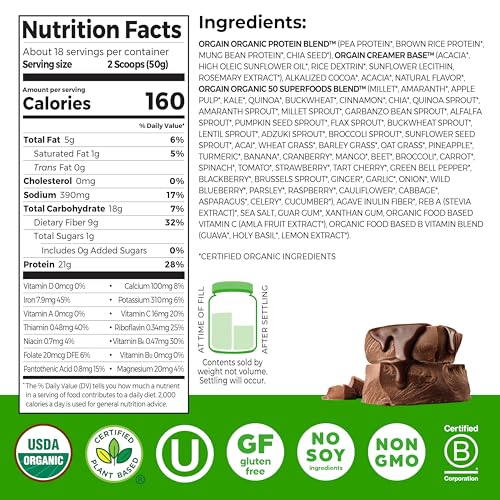 Orgain Organic Vegan 21g Protein + Superfoods Powder, Chocolate, 2.02lb - Image 2