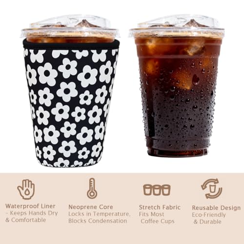 Image of Reusable Insulated Sleeve for Iced Coffee Cup, 3-Pack Coffee Neoprene Drink Sleeve for Cold & Hot Drinks, Beverage Holder for Iced Coffee (Monochrome Florals)