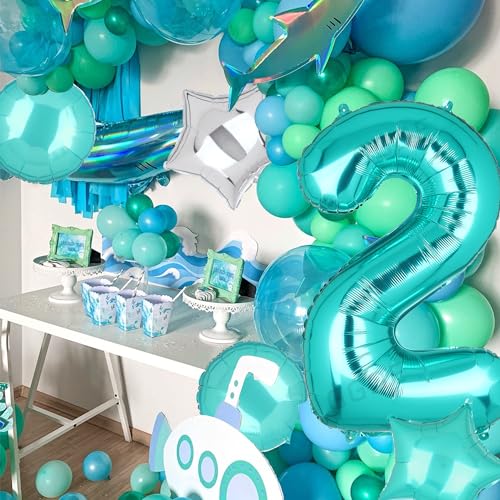Image of Teal Blue Number 2 Balloons 40 Inch 2th Birthday Mermaid Theme Party 5 Pcs | Big Helium Mylar Digital Balloon Anniversary Wedding Decor Supplies
